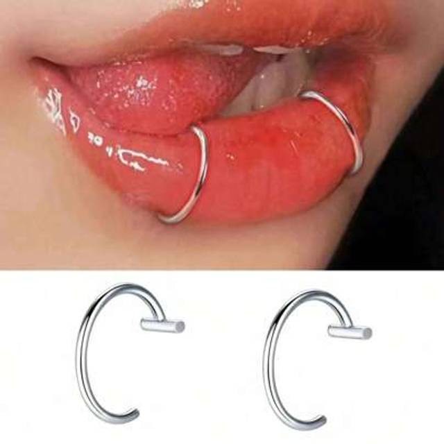 SHEIN 2Pcs/1pc Punk Style Non-Pierced Silver Lip Rings, Fashionable And Personalized Lip Piercing Fake Piercing Lip Rings Titanium Steel Women&#39;s Jewelry Lip