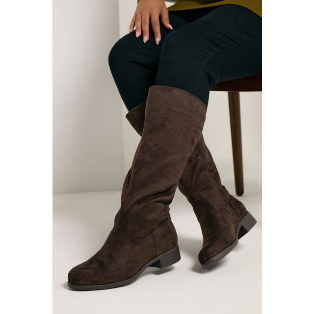 Brown Faux Suede Stretch Knee High Boots In Wide E Fit & Extra Wide eee Fit - 10E