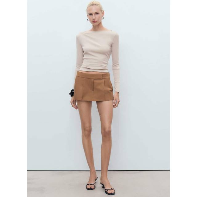 Mango Lilobar Long Sleeve Slash Neck Top, Pastel Brown