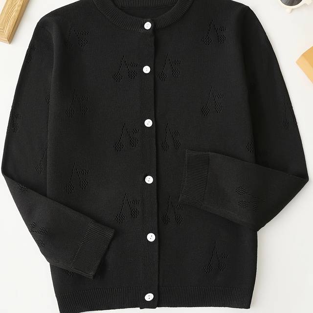 TEMU Girls' Elegant Cherry Cut-out Knit Cardigan - Lightweight Breathable Long Sleeve Button-up With Ribbed Cuffs, Round Neck, Black, Spring/summer/fall, Spring Outerwear, Style, Stretch Fabric