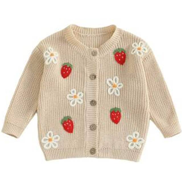SHEIN Baby Girls Autumn Knit Cardigan Long Sleeve Round Neck Strawberry Floral Embroidery Sweater Embroidered Floral Button Down Sweater Baby Girls Fall Win