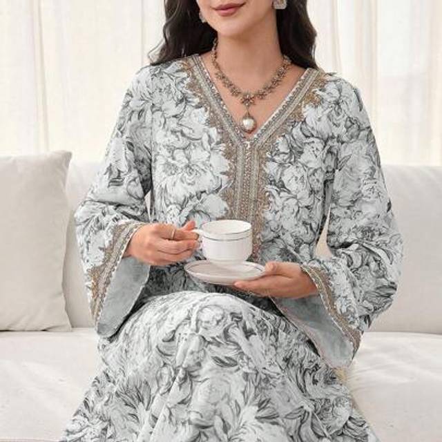 SHEIN Women&#39;s Floral Print, Crochet Patchwork, Long Sleeve Dress, Modest Elegant A Line Kaftan & Jalabiya Dress, For Evening Party/Wedding Guest/Anniversary