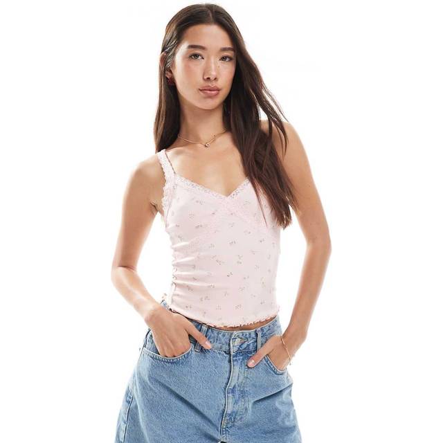 New Look Women's Pink Floral Print Lace Trim Cami Top - UK 6