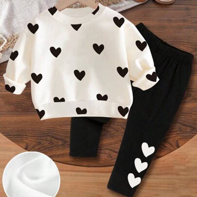 SHEIN 2pcs Young Girls Cute & Sweet Heart Print Casual Round Neck Long Sleeve Sweatshirt And Leggings Set, Suitable For Young Girls In Autumn/Winter For Val