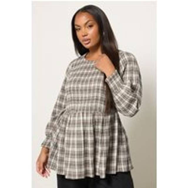 Yours Curve Natural Brown Check Shirred Peplum Top, Women's Curve & Plus Size, Yours - 20
