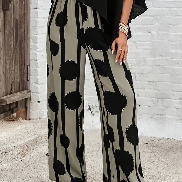 TEMU Women's Elegant Geometric Print Wide Leg Pants With Drawstring Waist, Black & White , High-waisted Casual Trousers For Spring/summer, Ladies Trousers