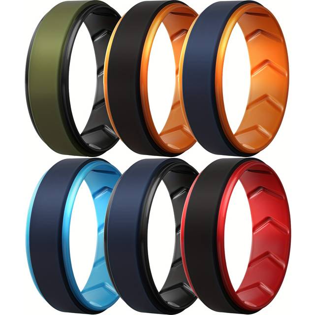 TEMU 6pcs Men's Colorful Dual-tone Silicone Sports Rings, 8mm Width, 2mm Thick - Fit Wedding Bands For Outdoor Activities & Casual Wear, Wedding Rings