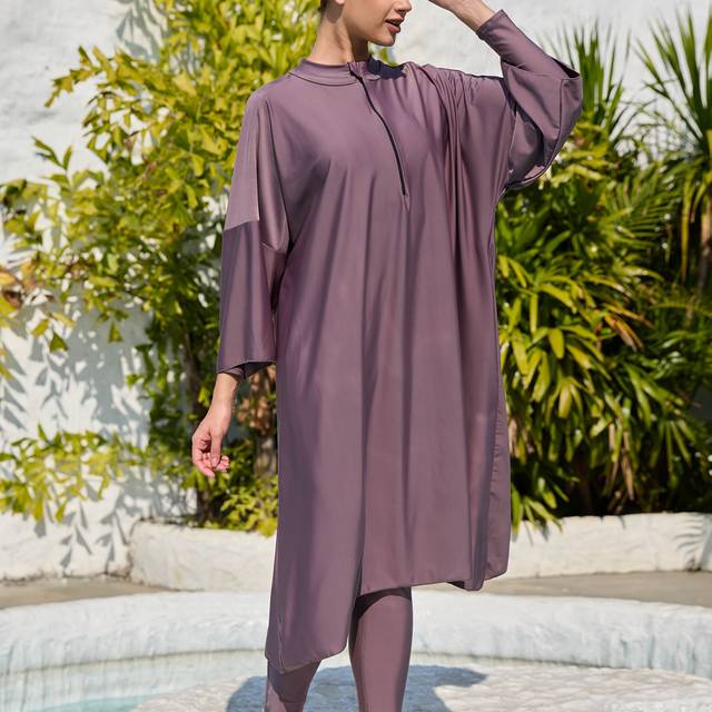 TEMU 3pcs Women's Modest Swimsuit Set With Hats - High Stretch, Solid Color, Long Sleeve, Knee-length, Zipper Closure, Long Swimwear