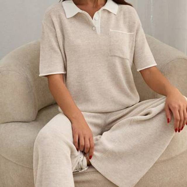 SHEIN Plain Beige Casual Knitwear Co-Ords With Classic Collar And Comfortable Wide-Leg Pants Comfortable Two Piece Set