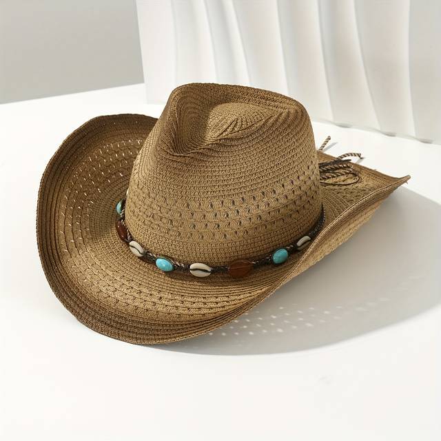TEMU 1pc Unisex Brown Straw Cowboy Hat With Turquoise Shell Decor - Lightweight, Woven, No Feathers, Outdoor Leisure, Beach Vacation, And Halloween, Outdoor Leisure Hat|decorative Hat|woven Texture