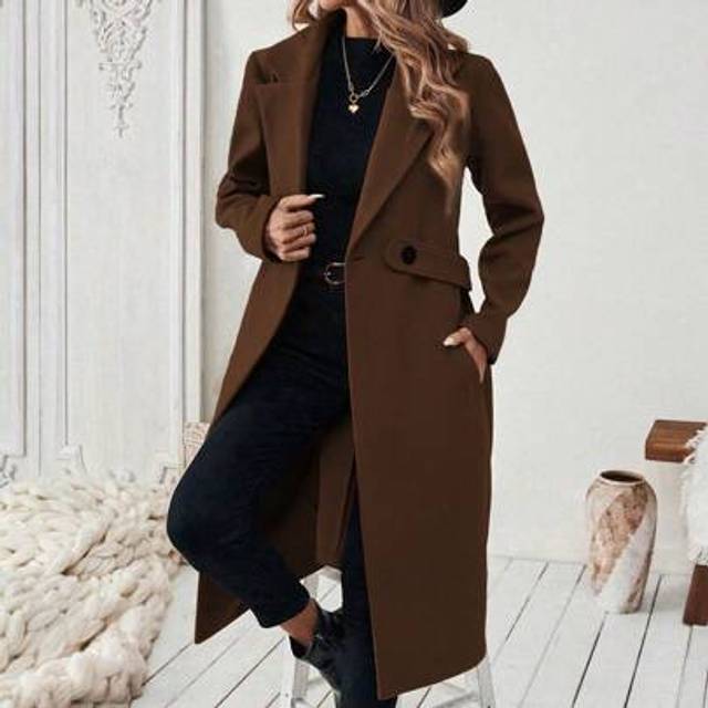 Calvaya Halloween Women&#39;s Notched Collar Camel Wool Blend Coat With Belt Long Coat Fall Coat