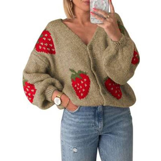 SHEIN Women Strawberry Cardigan  Button Down V Neck Sweater Cute Cherry Embroidered Knit Cardigan Outerwear