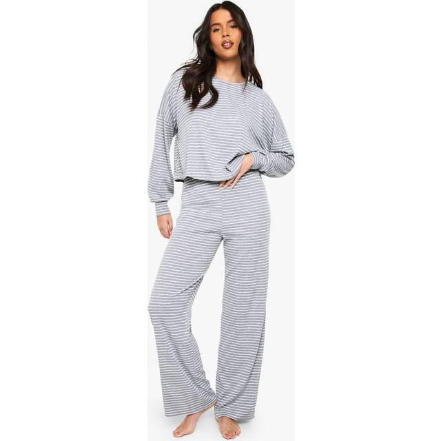 Womens Loungewear Stripe Long Sleeve Top & Trousers Pyjama Set - Grey - 16, Grey