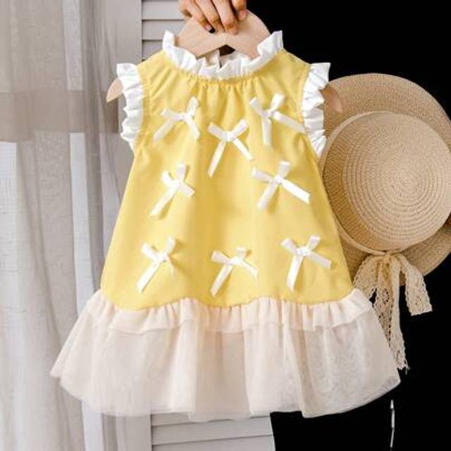 SHEIN Cute Bow Decor Mesh Frill Hem Sleeveless Baby Girls Dresses Yellow Toddler Girl Dress Special Occasion Toddler Girl Dress Yellow Baby Dress