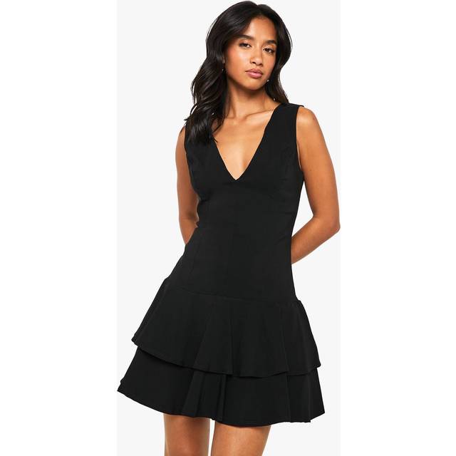 Womens Petite Bengaline Plunge Ruffle Hem Shift Mini Dress - Black - 16