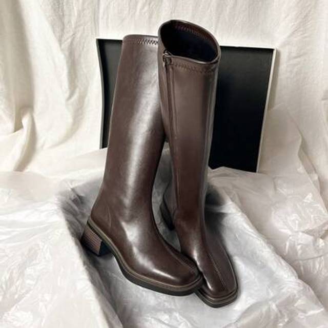 SHEIN New Autumn/Winter Brown Over-The-Knee Chunky Heel Slim Boots, Classic Black Mid-Calf Riding Boots, Fashion Tall Boots For Women