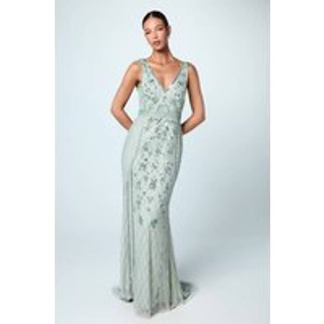 Plunge Floral Embellished Bridesmaid Dress - Sage - 12