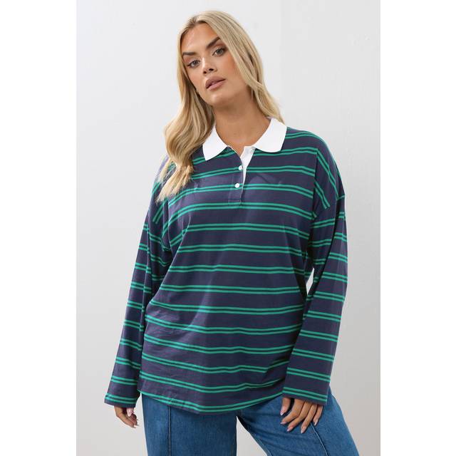Yours Curve Navy Blue Stripe Rugby Collar Top, Women's Curve & Plus Size, Yours - 26-28