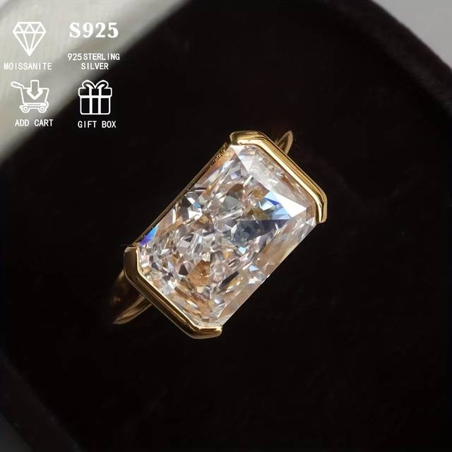 TEMU Elegant 2 Carat Moissanite Engagement Ring For Women - S925 Sterling Silver, Golden-tone, Rectangular Design, Weddings, Anniversaries, Day, Valentine's Day, With Gift Box, Moissanite Wedding Ring