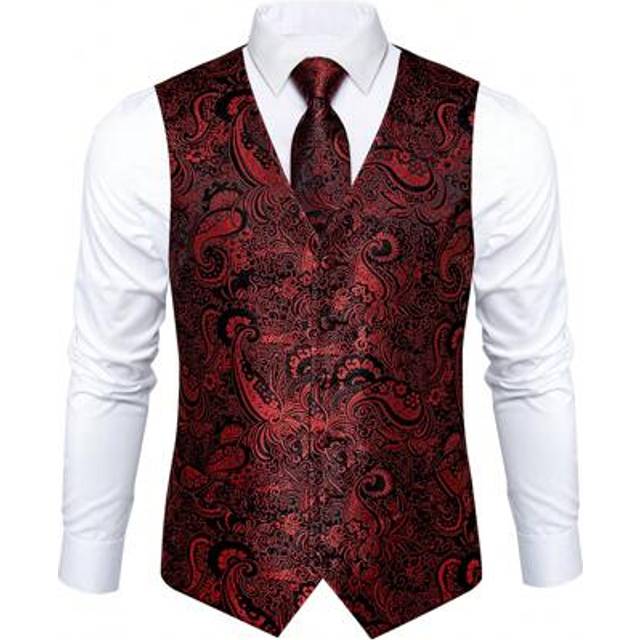 SHEIN Plus Size Mens Waistcoat Red Black Paisley Vest Tie And Pocket Square Cufflinks Set Wedding Formal Tuxedo Gilet Coat Casual