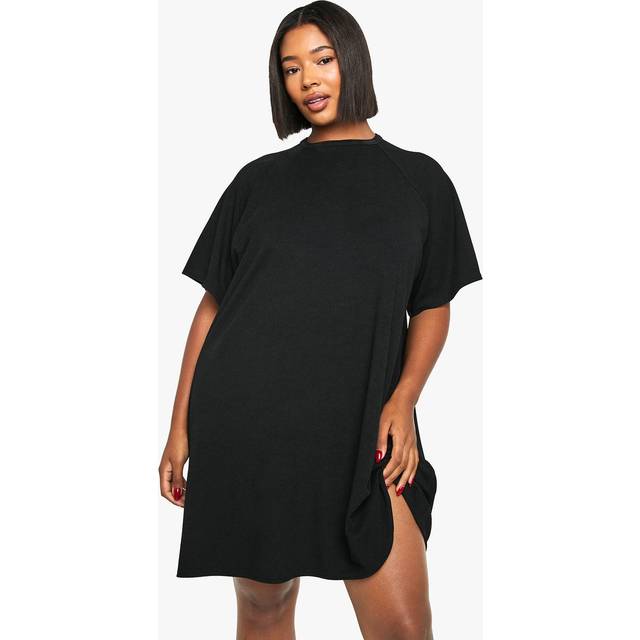Womens Plus Rib Raglan Sleeve T-Shirt Swing Dress - Black - 18