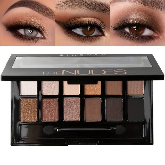 TEMU 12-color Nude Eyeshadow Palette - Matte, Shimmer & Glitter In , Cement Gray & Black - Squalane Infused For Smooth Application, Low , Smoky Makeup