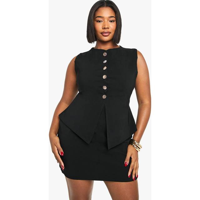 Womens Plus gold button 2 in 1 mini dress - Black - 28