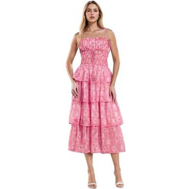 SHEIN Womens Daisy Print Backless Spaghetti Strap Sleeveless Tiered Cake Dress