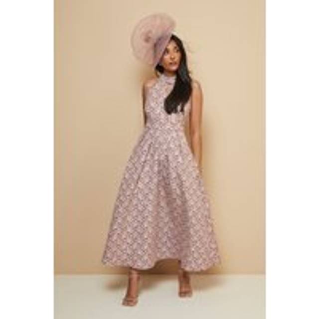 Womens Petite Floral Jacquard Halterneck Midaxi Dress - Rose - 14