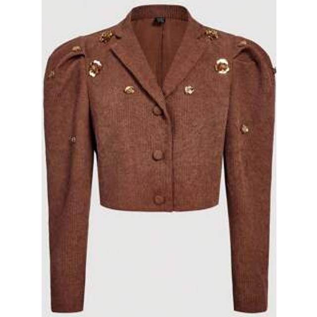 SHEIN Beaded Decor Truncated Corduroy Blazer With Gigot Sleeve,Leg-Of-Mutton Sleeve Coat , Collegiate Style,Western Wear Women,2000s Style,Back To School,Te