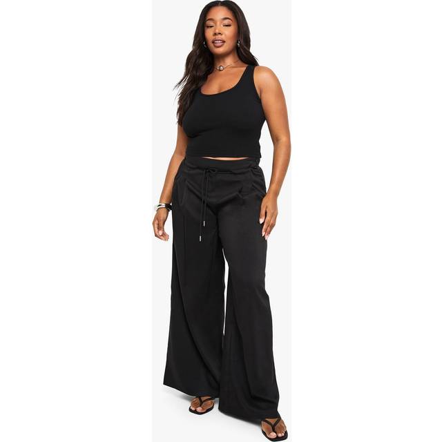 Womens Plus Woven Drawstring Pleated Wide Leg Trouser - Black - 24