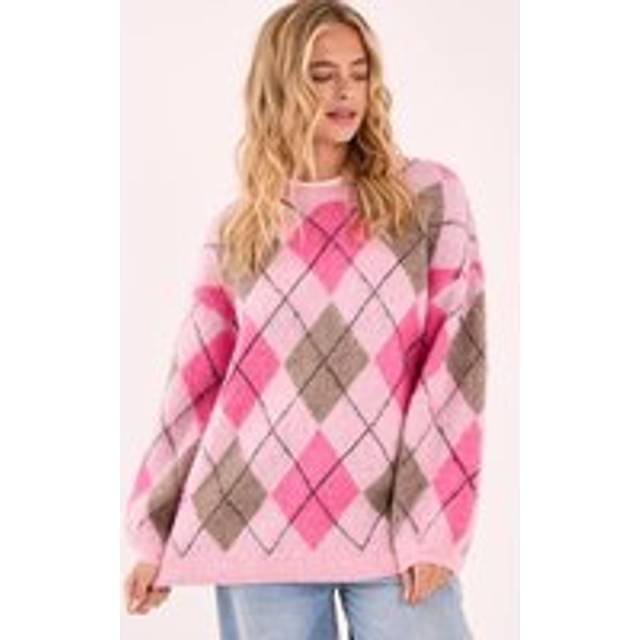 Womens Brushed Argyle Ballon Sleeve Oversized Jumper - Pink - L