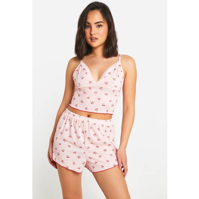 Womens Cherry Print Cami Top & Shorts Pyjama Set - Pink - 16, Pink
