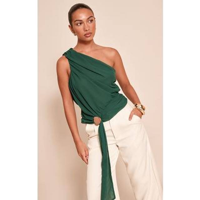 Forest Green Chiffon One Shoulder Ruched Trim Drape Top, Forest Green - 16
