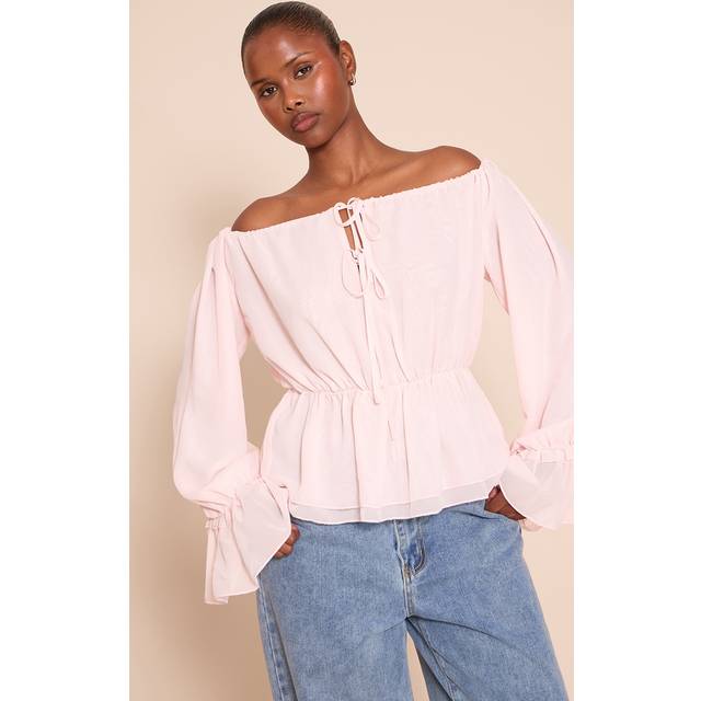 Pale Pink Chiffon Tie Detail Bardot Floaty Top, Pale Pink - 12