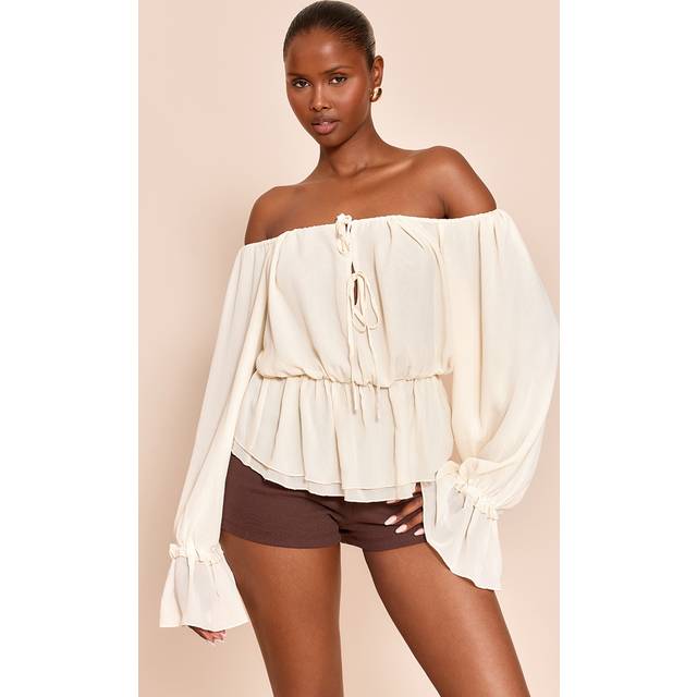 Cream Chiffon Tie Detail Bardot Floaty Top, White - 6