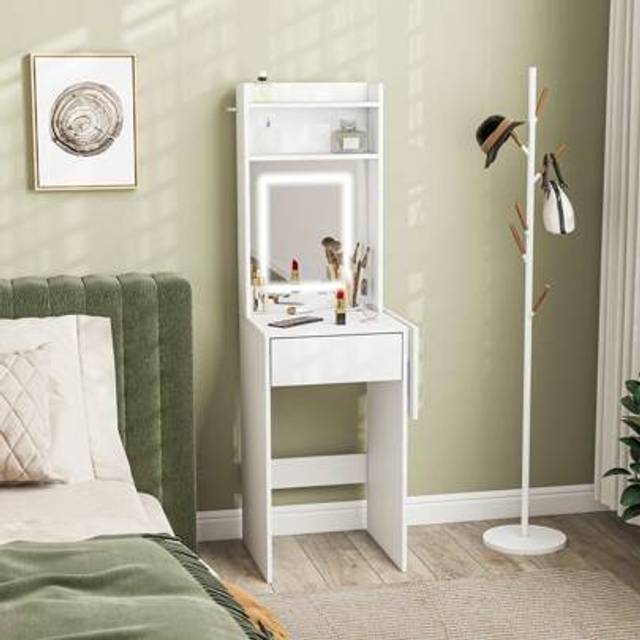 SHEIN HOMCOM Small Dressing Table With Mirror And Adjustable LED Lights, Modern Vanity Desk With Drop Leaf, Open Shelves And Drawer, Compact Makeup Table Fo