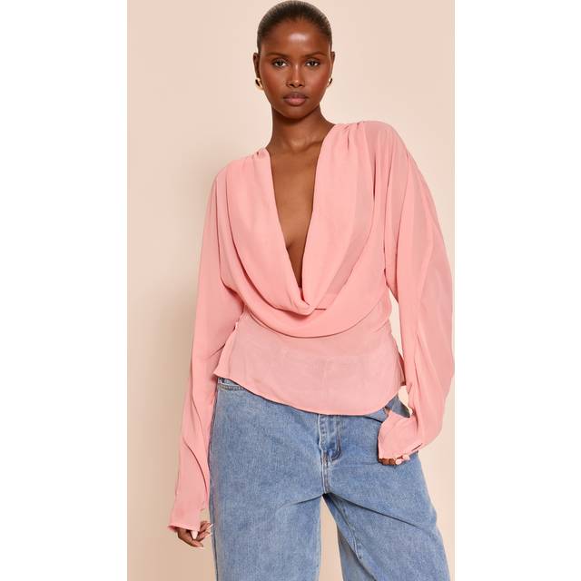 Peach Chiffon Cowl Neck Long Sleeve Blouse, Orange - 6