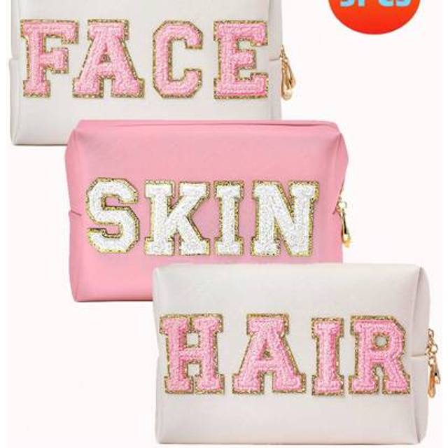 SHEIN 3PCS Set Waterproof Cute Women Teen Girls Preppy FACE HAIR SKIN Chenille Letter Patches Makeup Bag Travel Cosmetic Pouch Skincare Face Cosmetic Bag To