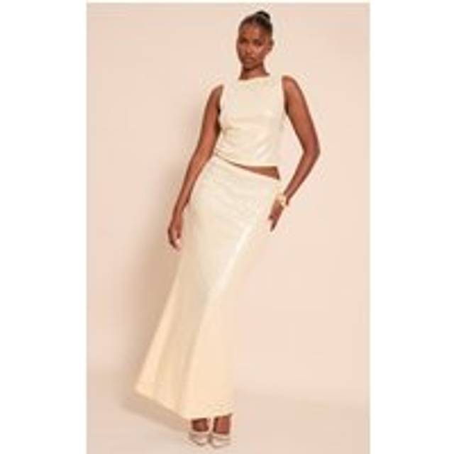 Cream Sequin Low Rise Maxi Skirt, White - 6
