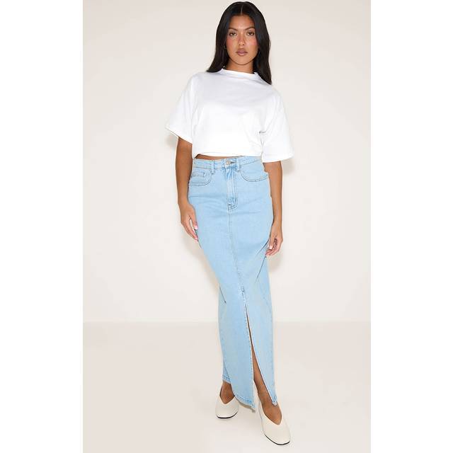 Light Blue Split Denim Maxi Skirt, Light Blue - 8