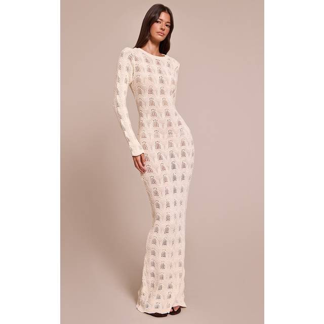Cream Long Sleeve Backless Knitted Maxi Dress, White - XS