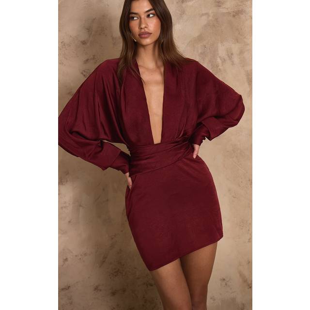 PLT Label Dark Red Hammered Satin Long Sleeve Plunge Mini Dress, Dark Red - 4