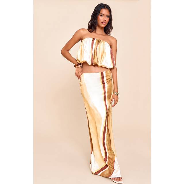 Multi Stripe Print Satin Mid Rise Maxi Skirt, Multi - 12