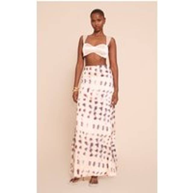 Stone Blurred Printed Satin Maxi Skirt, White - 8