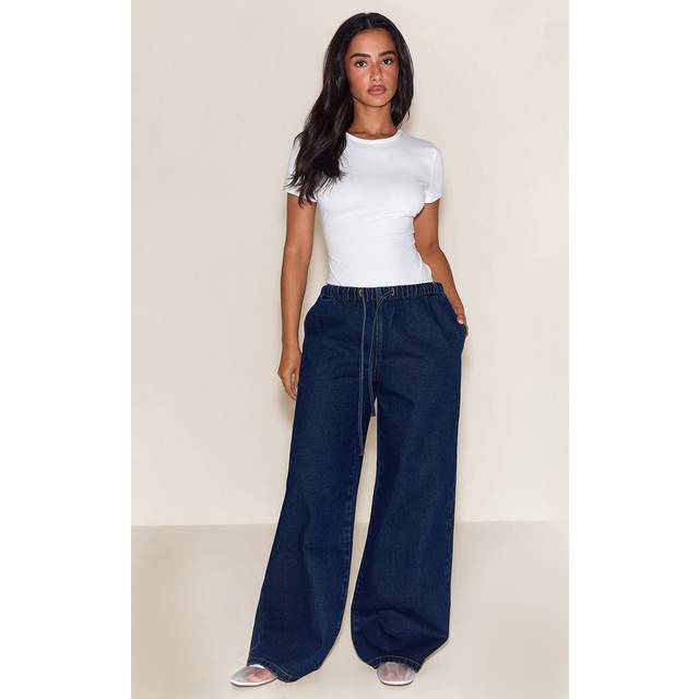Petite Mid Blue Wash Elasticated Tie Waist Wide Leg Jeans - 10