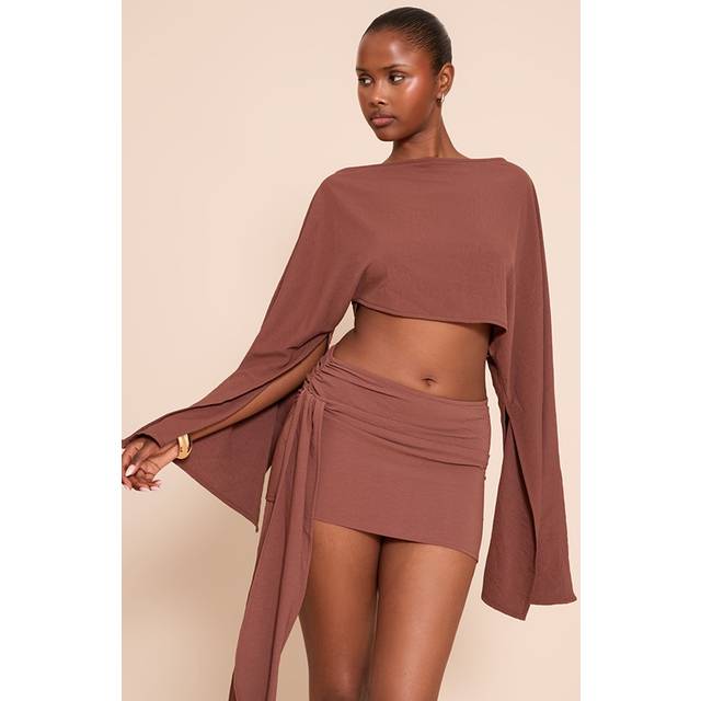 Dark Brown Floaty Woven Slash Neck Long Sleeve Top, Dark Brown - 8