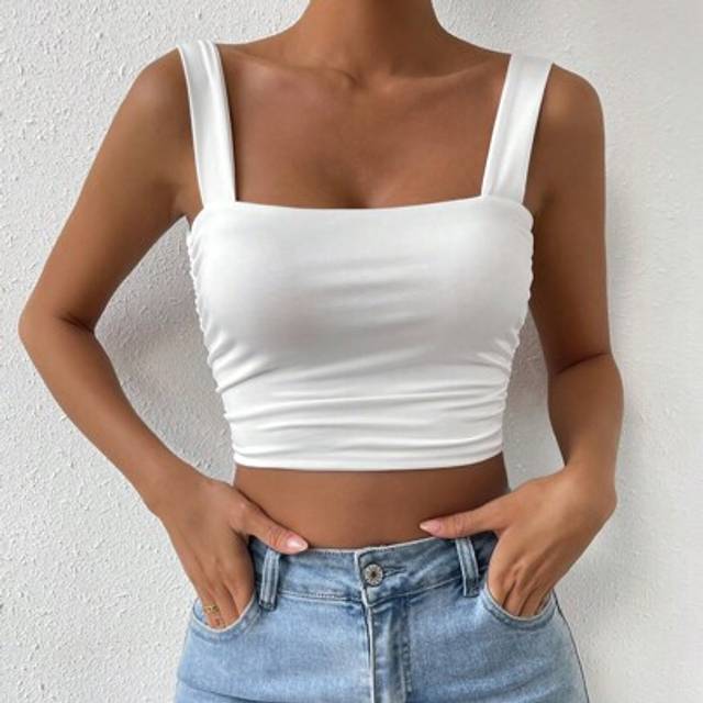 Femesol Solid Ruched Crop Cami Top Basic Top
