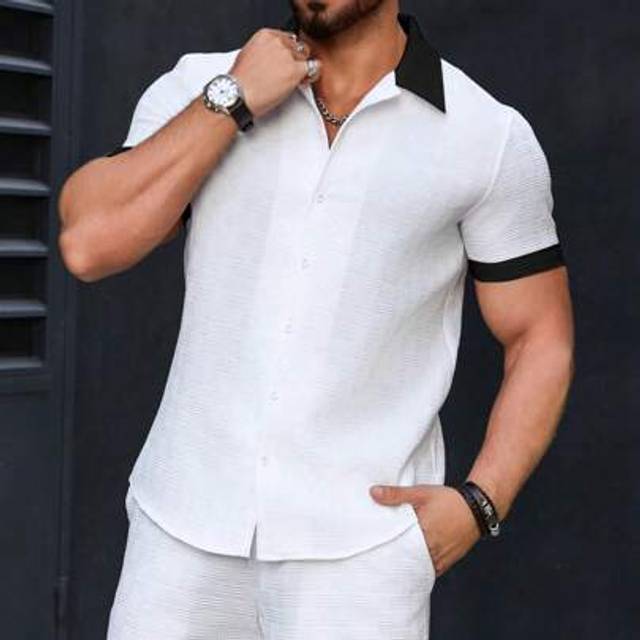 SHEIN Men Color Block Trimmed Casual Daily Matching Short Sleeve Collar Shirt, For Going Out