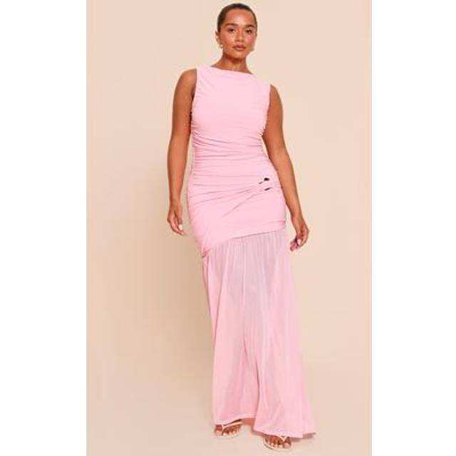 Shape Pink Boat Neck Ruched Gold Trim Dropped Hem Maxi Dress, Pink - 6